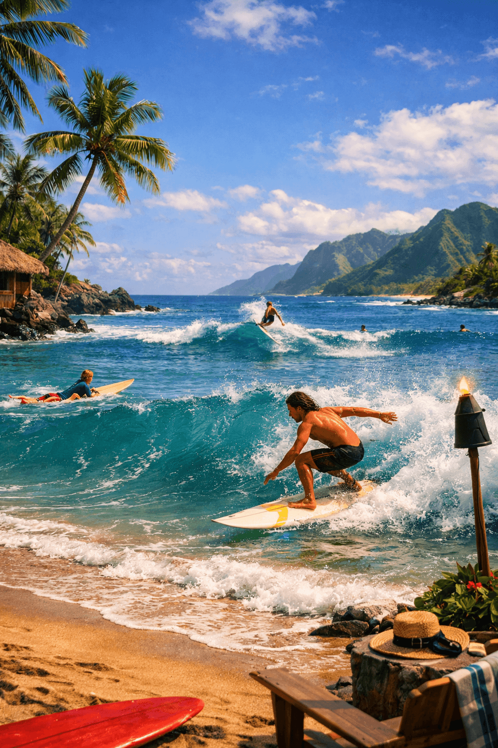 Surfers catching waves in Hawaii