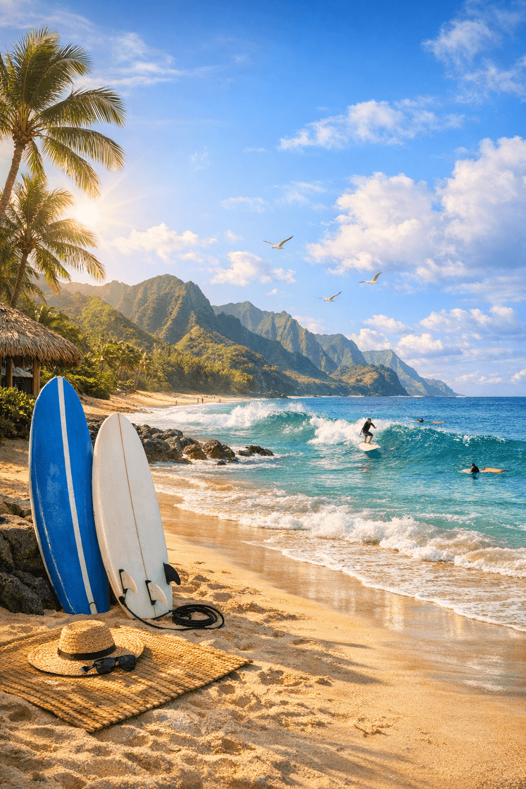 Surfboards resting on the sand