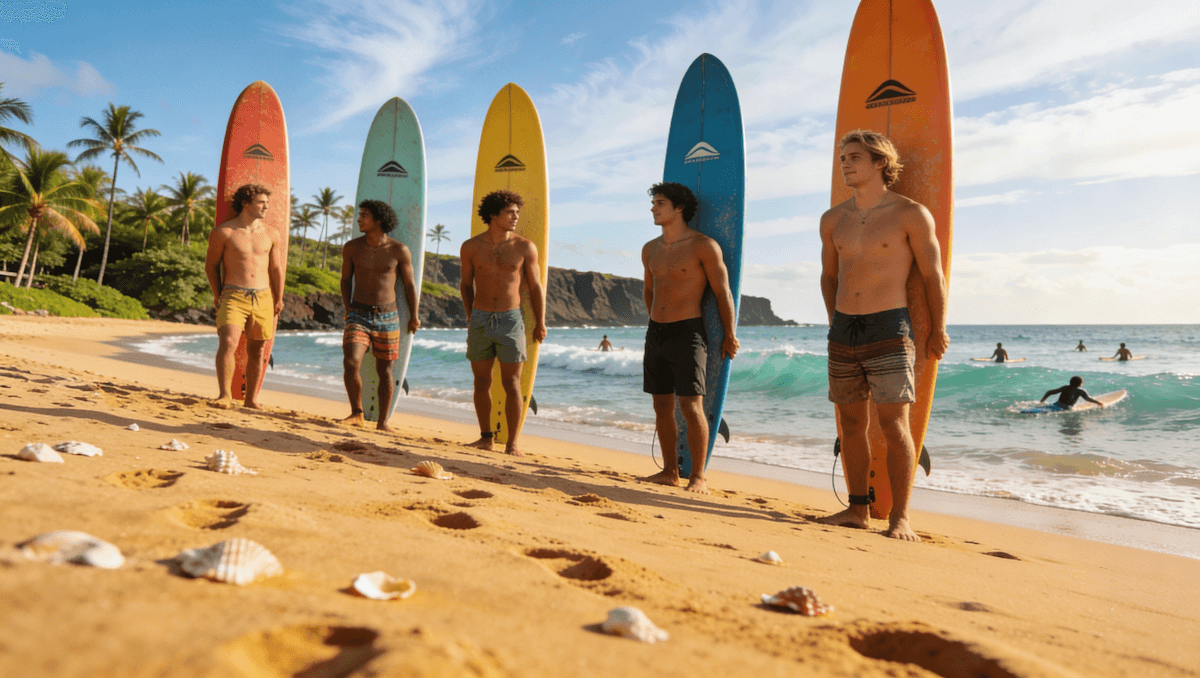 Five surfers standing on a Hawaiian beach with their boards